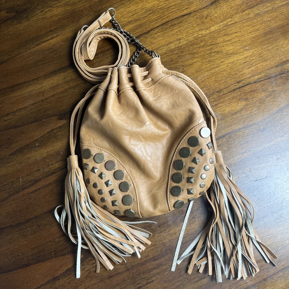 “Trash” Faux Brown Leather Crossbody Bag Cinch Studs Biker Hippie Festival Purse